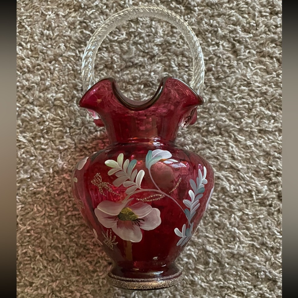 Fenton Cranberry Hand Painted Signed Basket